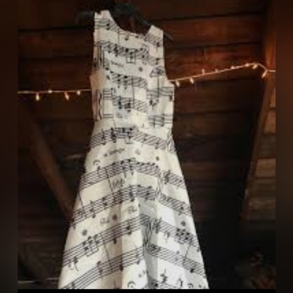 Music Note Fit-and-Flare Dress in White and Black